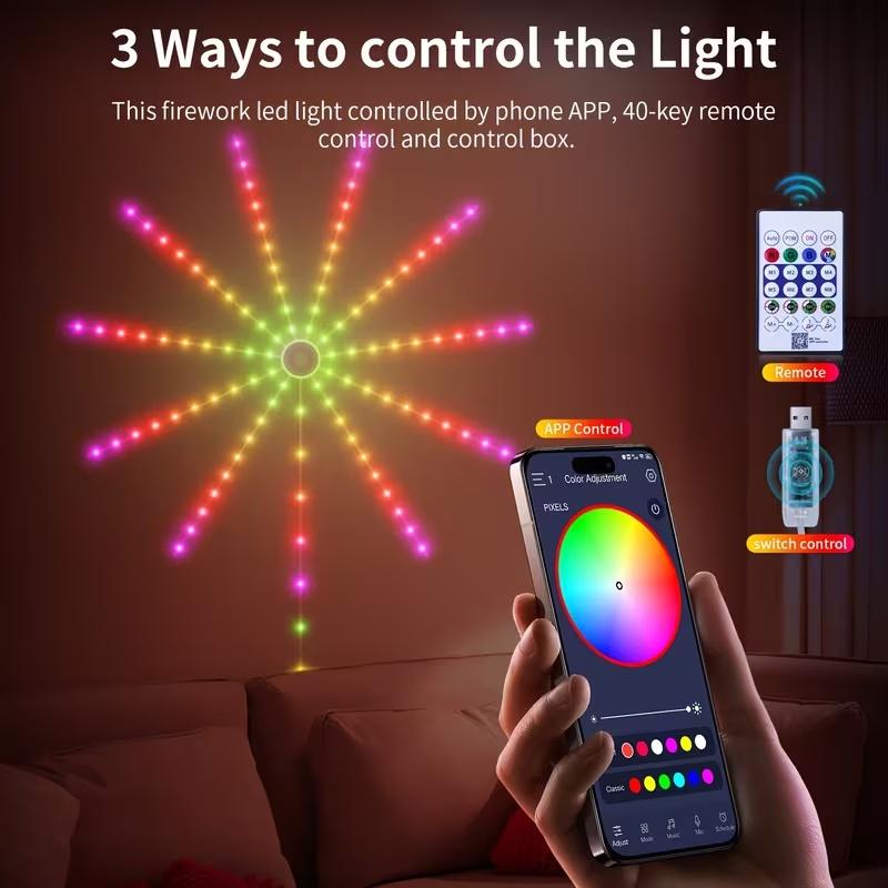 RGB fireworks effect LED ambient light, supports APP control, smart color-changing light strip, suitable for party lights, bedroom lights, and holiday decorative lights. Smart LED light.