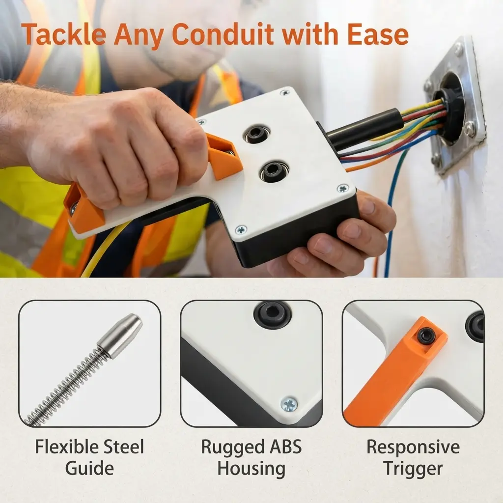 Heavy-Duty Drill Powered Cable Pulling Tool, 8mm Conduit Wire Puller Feeder, Labor-Saving Wire Running Tool for Electricians, Contractors & DIYers, Works Perfectly in Tight Spaces for Commercial Wiring & Conduit Installation