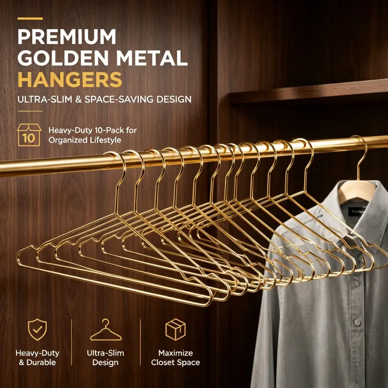 10 Pcs Ultra Thin Golden Metal Clothes Hangers Heavy Duty Long Lasting Space Efficient Wardrobe Storage Hanging Rack