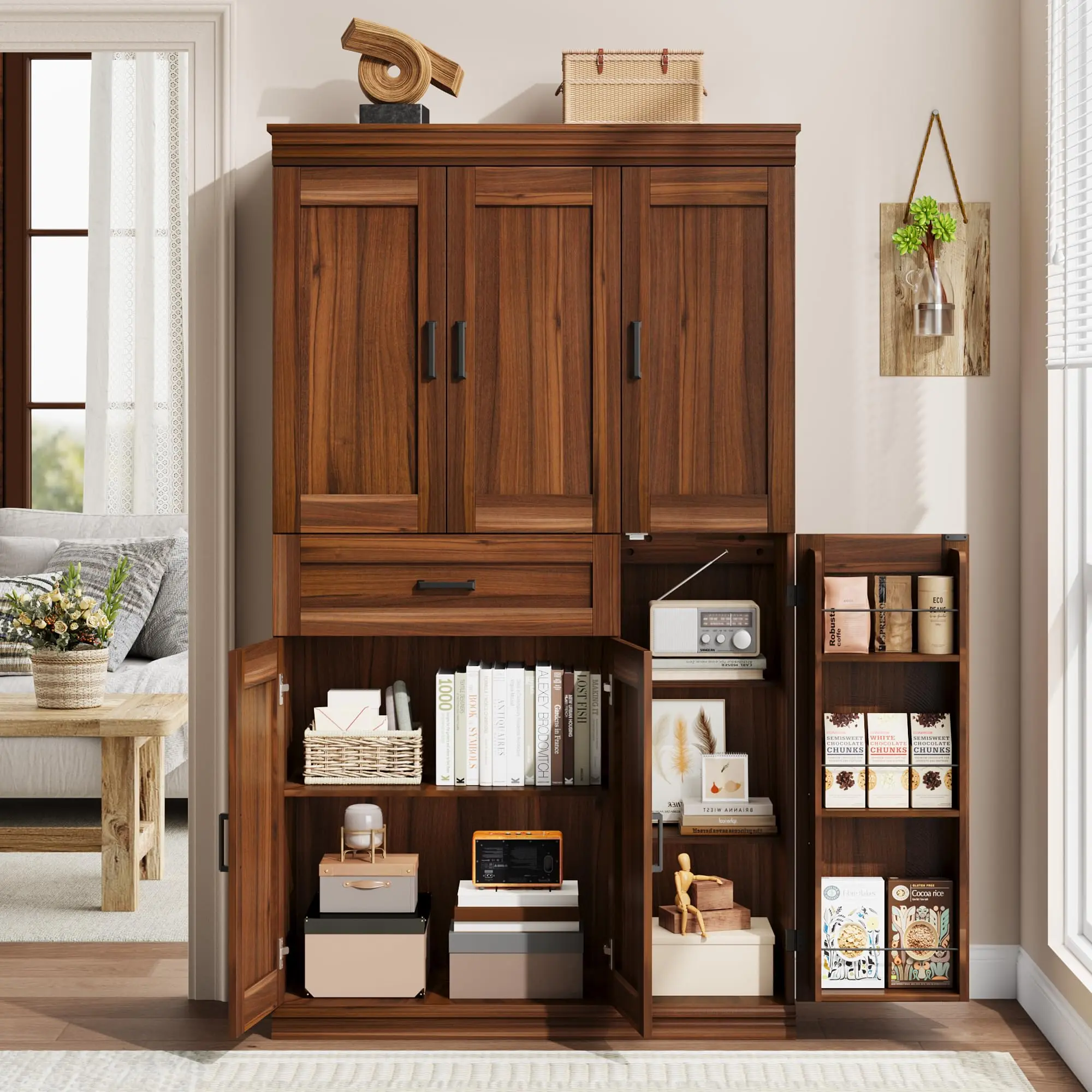 Modern 71" Tall Black Storage Cabinet – 6 Doors, 7 Shelves, Drawer – Waterproof Freestanding Pantry for Kitchen, Dining, Bathroom, Laundry, Living Room – Bas-Relief Finish