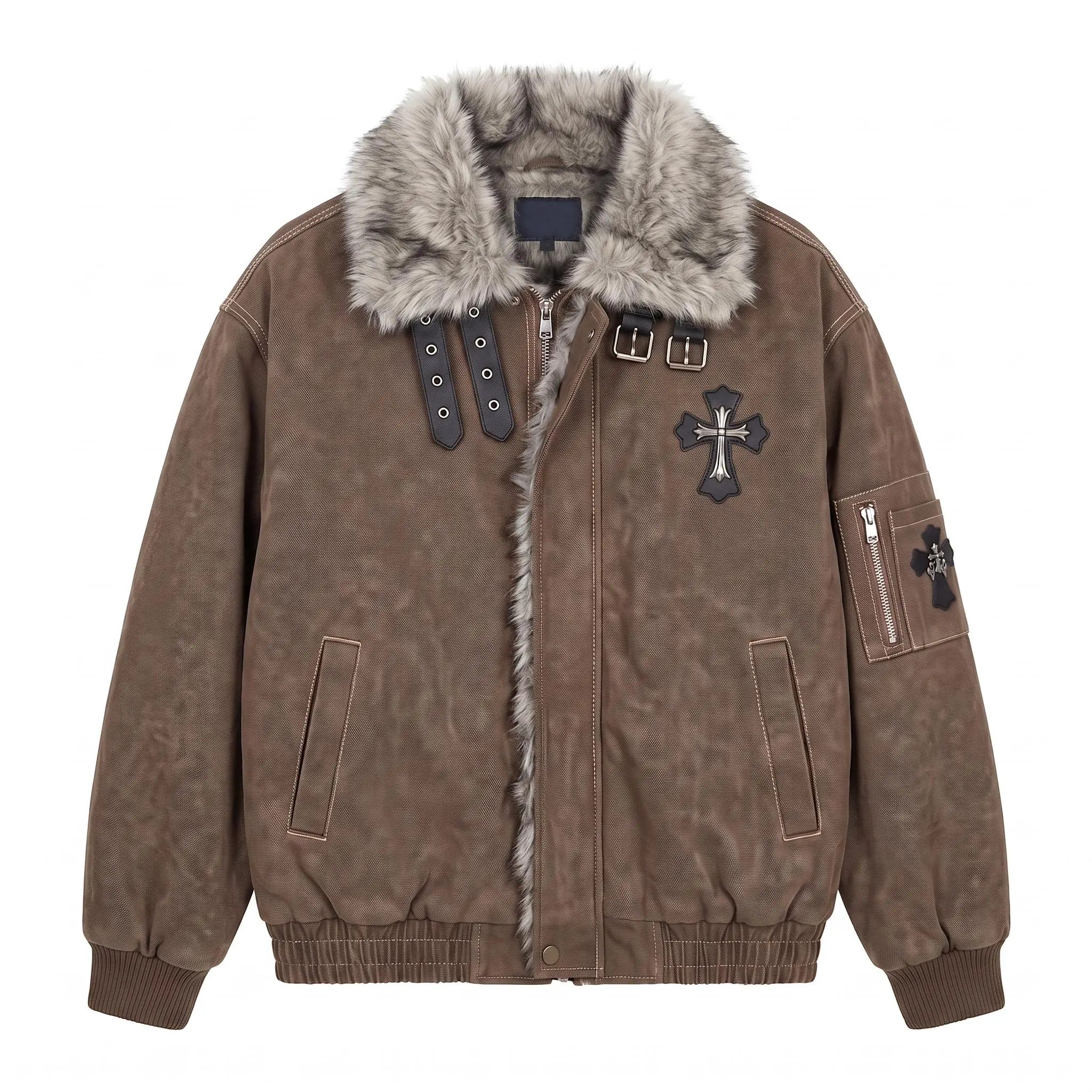 Men's Vintage Harajuku Bomber Jacket with Faux Fur Collar, Heavyweight Distressed Canvas Coat with Cross Patch, Casual Long Sleeve Tops with Retro Vibe, Fashion, Durable