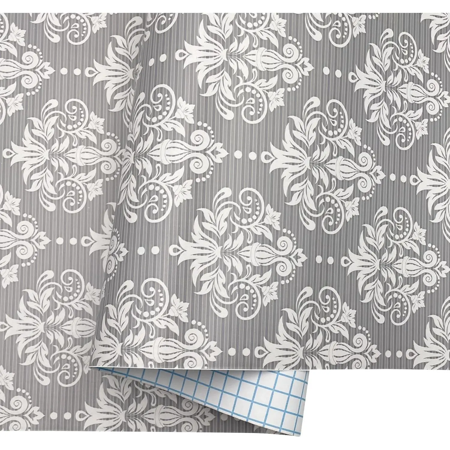 y Gray-White Damask Shelf Liner Peel & Stick PVC Drawer Paper Covering Apartment Old Cabinets Shelves 17.7 Inch By 9.8  Removable Countertop Decor