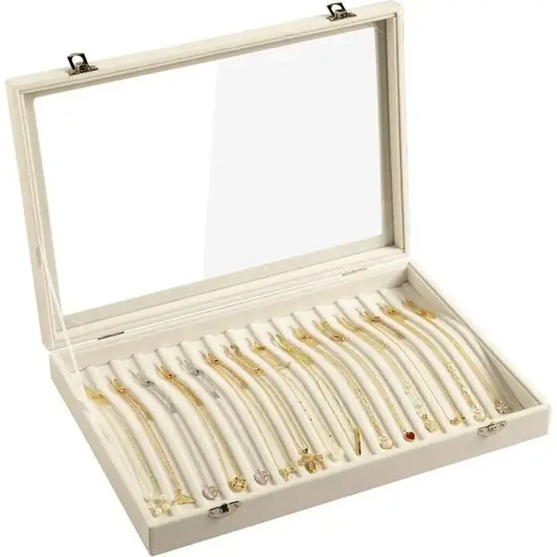 15 Hooks Necklace Tray Neckalce Organizer with Clear Lid Lockable Necklace Holder Box Jewelry Organizer for Pendants Chains Necklace Jeweley Tray for Women Girls(Beige)