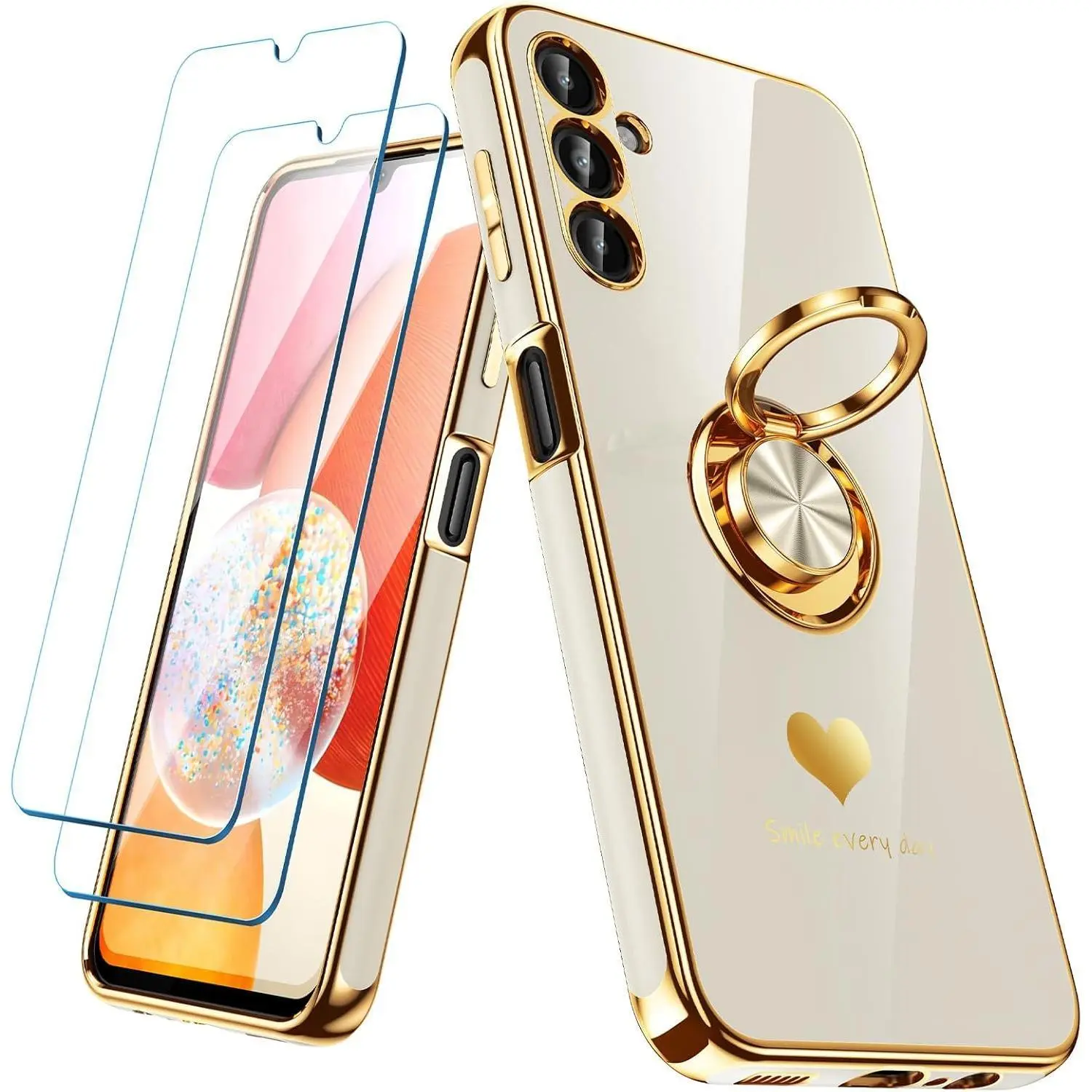 Samsung Galaxy A14 5G Phone Case with 2-Pack Screen Protector, 360° Rotatable Ring Holder, Luxury Hearts Pattern, Plating Gold Edge, Slim Soft Shockproof Mobile Accessories (Contemporary Art, Photorealism, Hyperrealism) - White, Expressionism