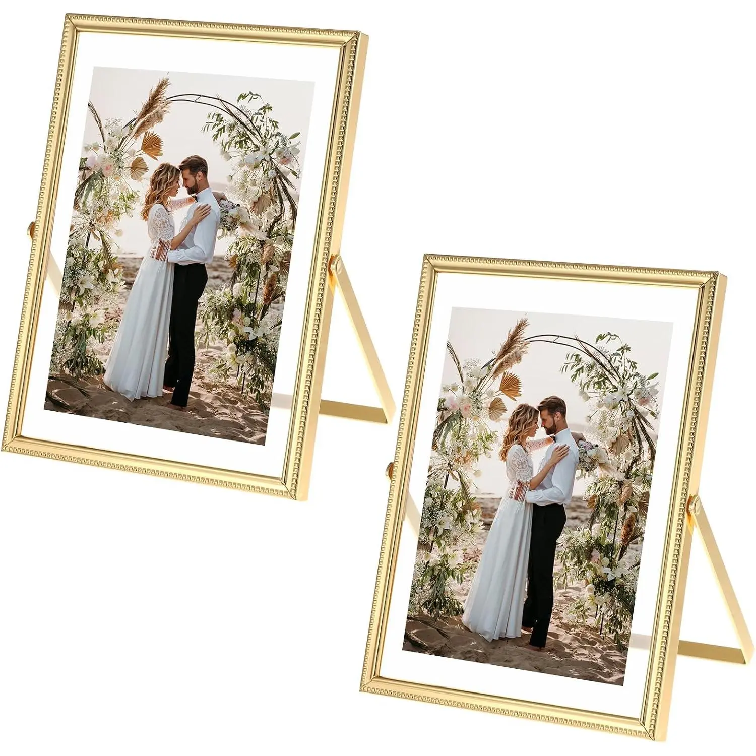 2 Packs Gold 5 x 7'' Floating Frame, Floating Picture Frames for Photo Sizes 3.5 x 5'', 4 x 6'', Plated Metal Frames for Wedding, Office, Home Tabletop Shelf Display, Minimal Ornate