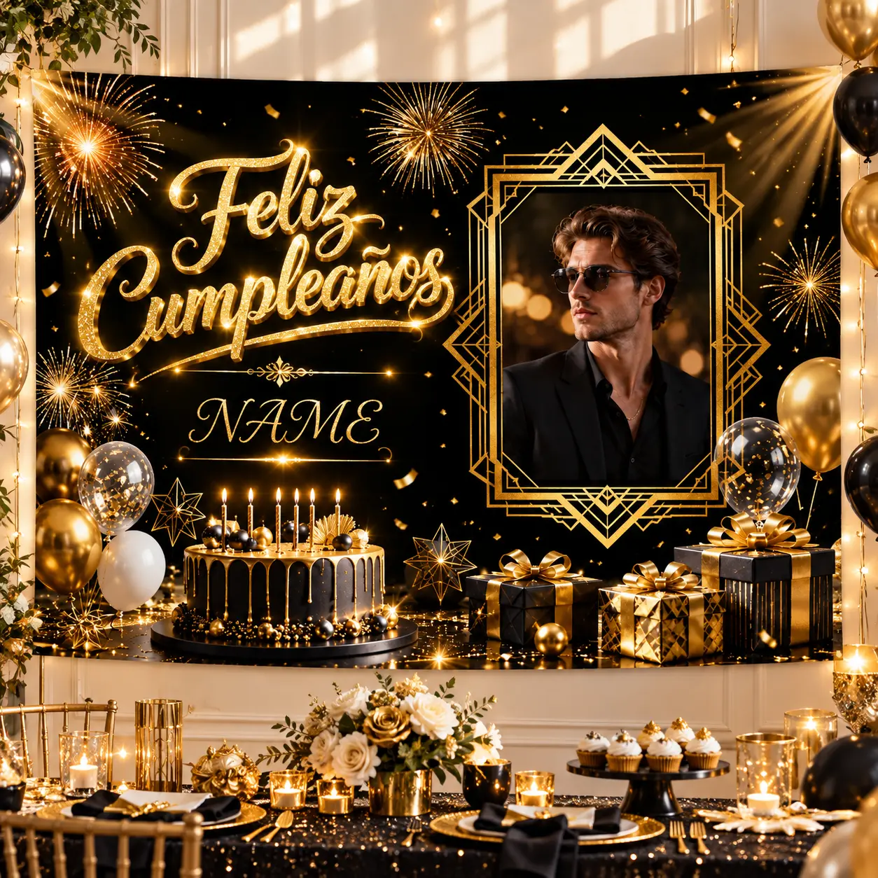 Custom Photo & Name Black Gold Birthday Backdrop, Luxury Party Background with Elegant Frame Design