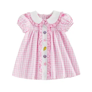 Canrulo Toddler Baby Girl Casual Dress Ruffled Doll Collar Plaid Short Sleeve Seashell Embroidered A Line Summer Dress