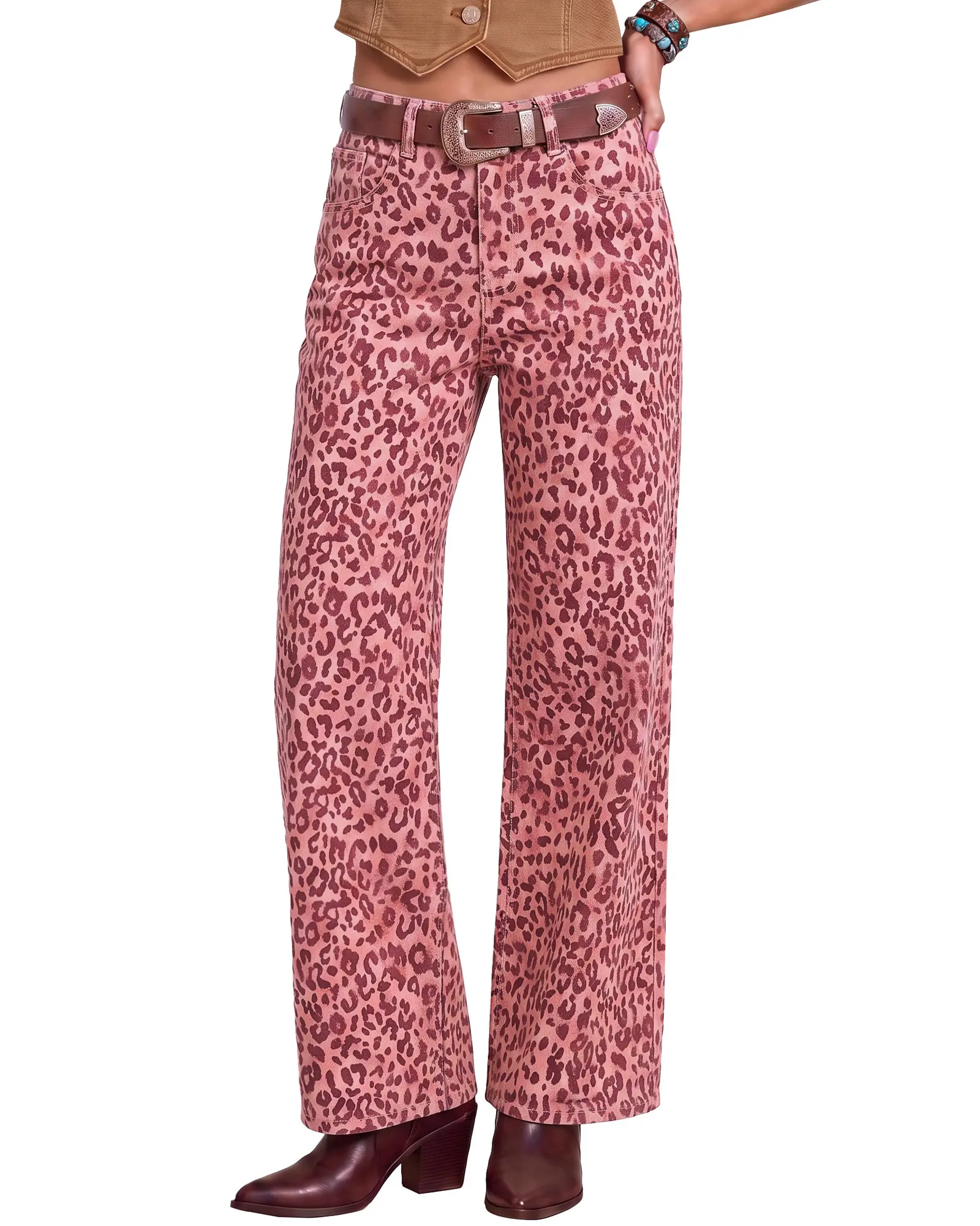 luvamia Wide Leg Jeans for Women High Waisted Leopard Cheetah Denim Pants | Adjustable Back Cinched Waist, Stretchy Jeans for Women Trendy, 90s Baggy Straight, 29.5 Inch Inseam, Casual Western Outfits