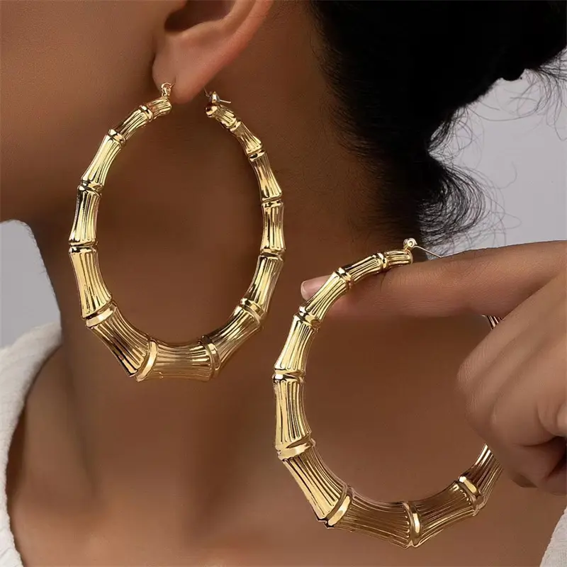 Exaggerated Earrings Set, Crinkled Metallic Bow Stud Earrings and Golden Bamboo Hoop Earrings
