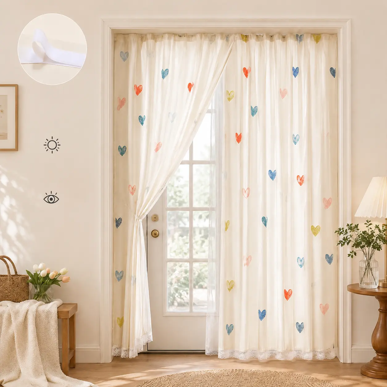 Romantic Lace Sheer Door Curtain with Colorful Heart Pattern, Lightweight Decorative Panel for Bedroom, Cottage Style Home Decor