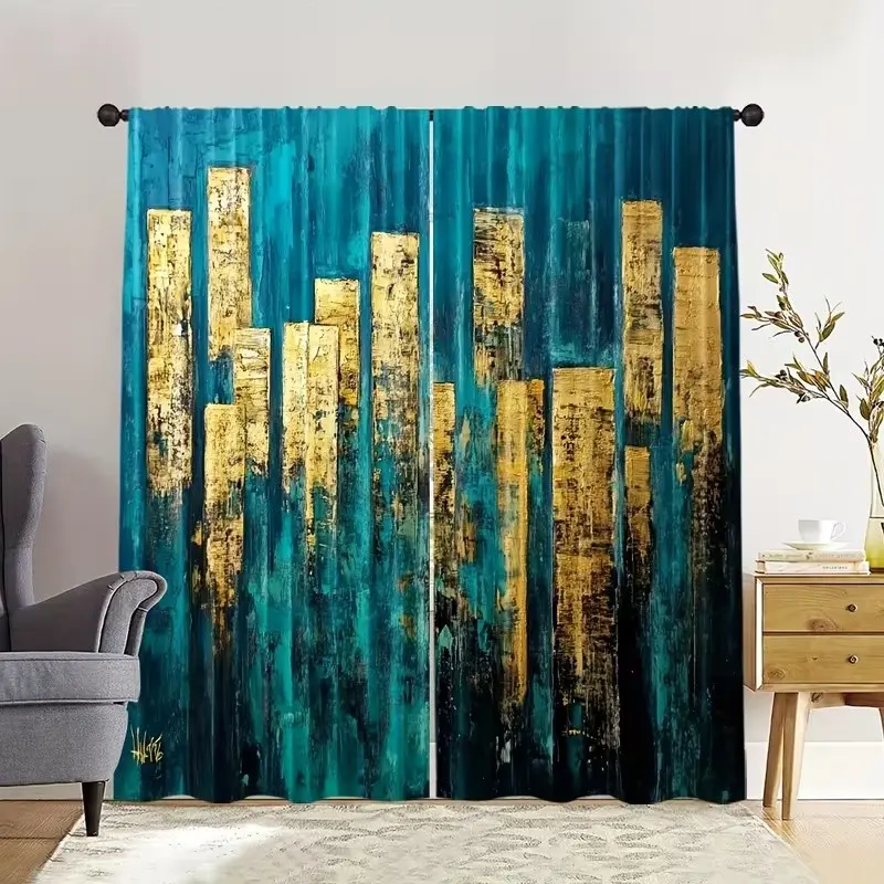 2 Piece Polyester Geometric Curtain Set, Blue Gold Striped Rod Pocket Drapes, Ideal for Bedroom and Living Room Decor