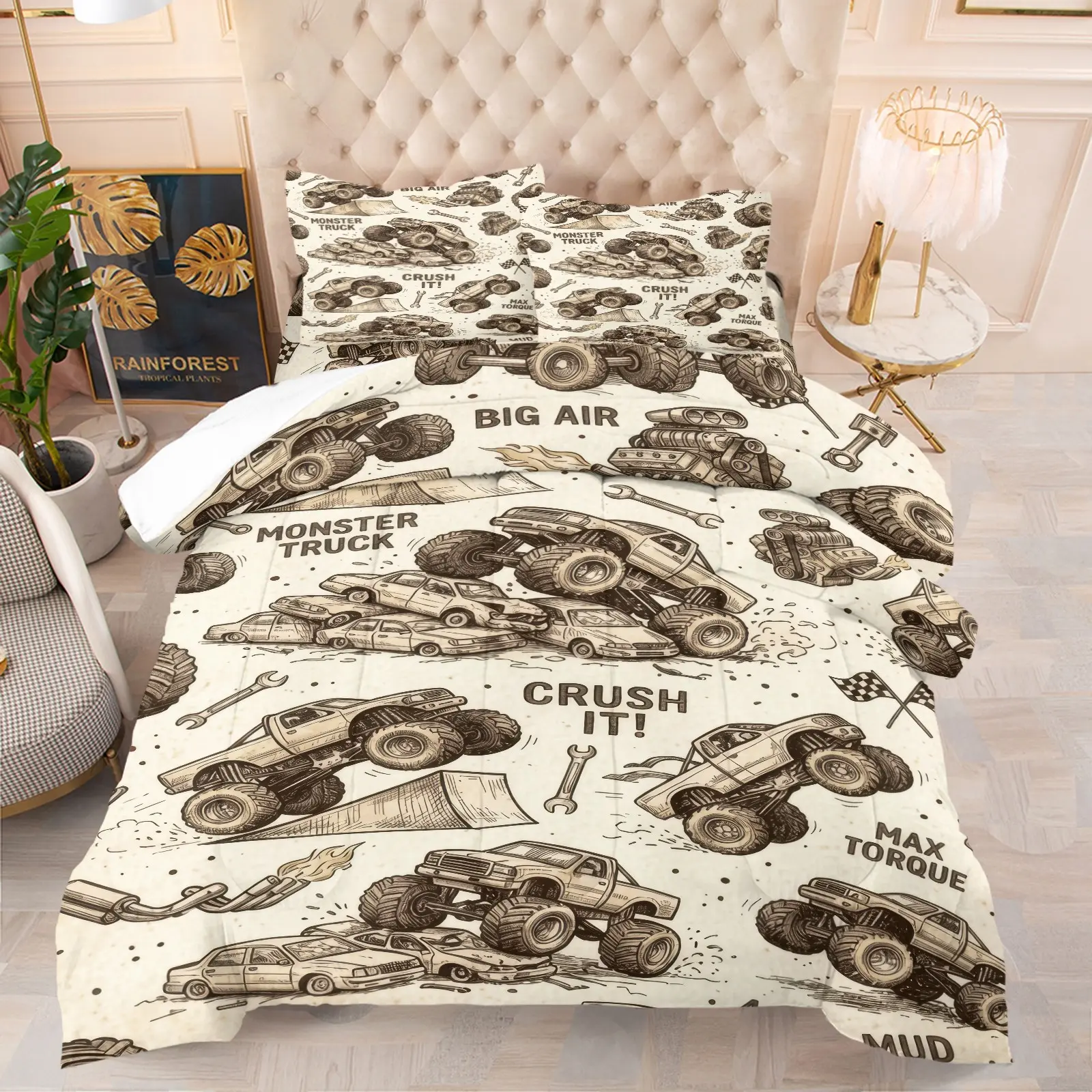 Vintage Sketch Monster Truck Print Comforter Set, Includes 1 Comforter and 1/2 Pillowcases, Off-Road Racing Vehicle Pattern Print, Gift for Kids, Teens and Adults, Motorsport Gift for Truck Racing Fans, Essential for Truck Loving Boys, Printed Bedding Set