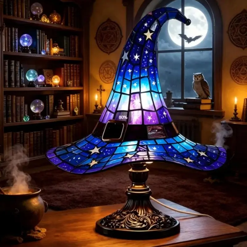 Mini Starry Tiffany Witch Hat Statue Lamp, Victorian Gothic Halloween Decor, USB LED Atmosphere Nightlight, Vintage Desk Ornament