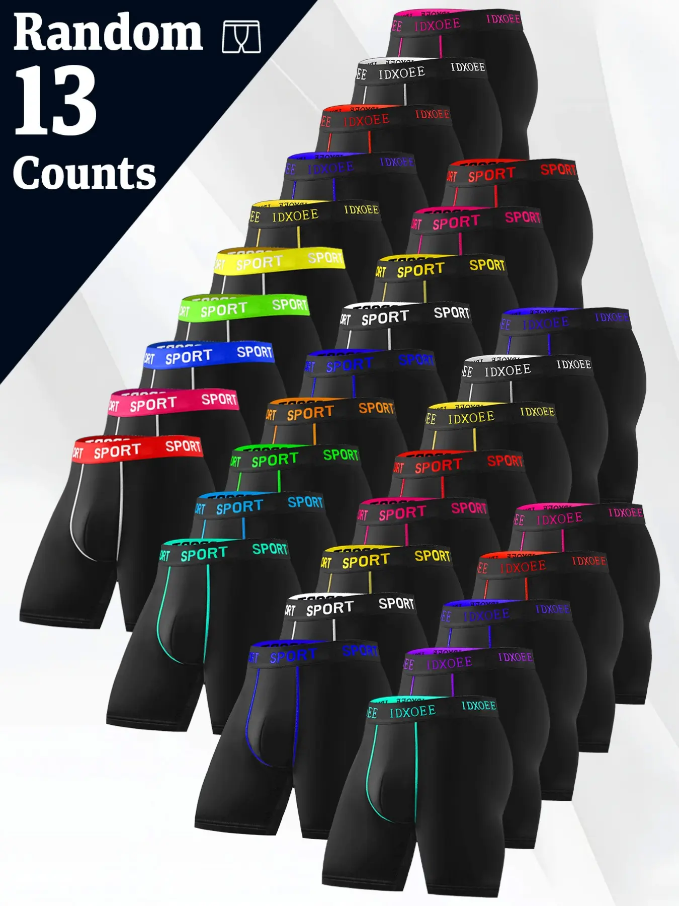 13 pcs random men's long style flat cornered underwear, Comfortable and breathable underwear, Lightweight and soft, Athletic sporty men's underwear, Suitable for home wear, Durable and casual, Suitable for fitness boxing, Four Seasons.