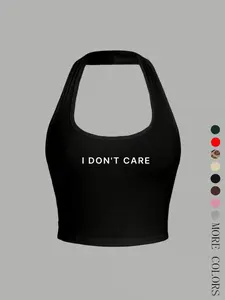Casual Slim Slogan Print Short Tank Top for Summer Holidays, Sleeveless Fitted Knit Top, Y2K Style Letter Pattern, Ideal for Warm Weather
