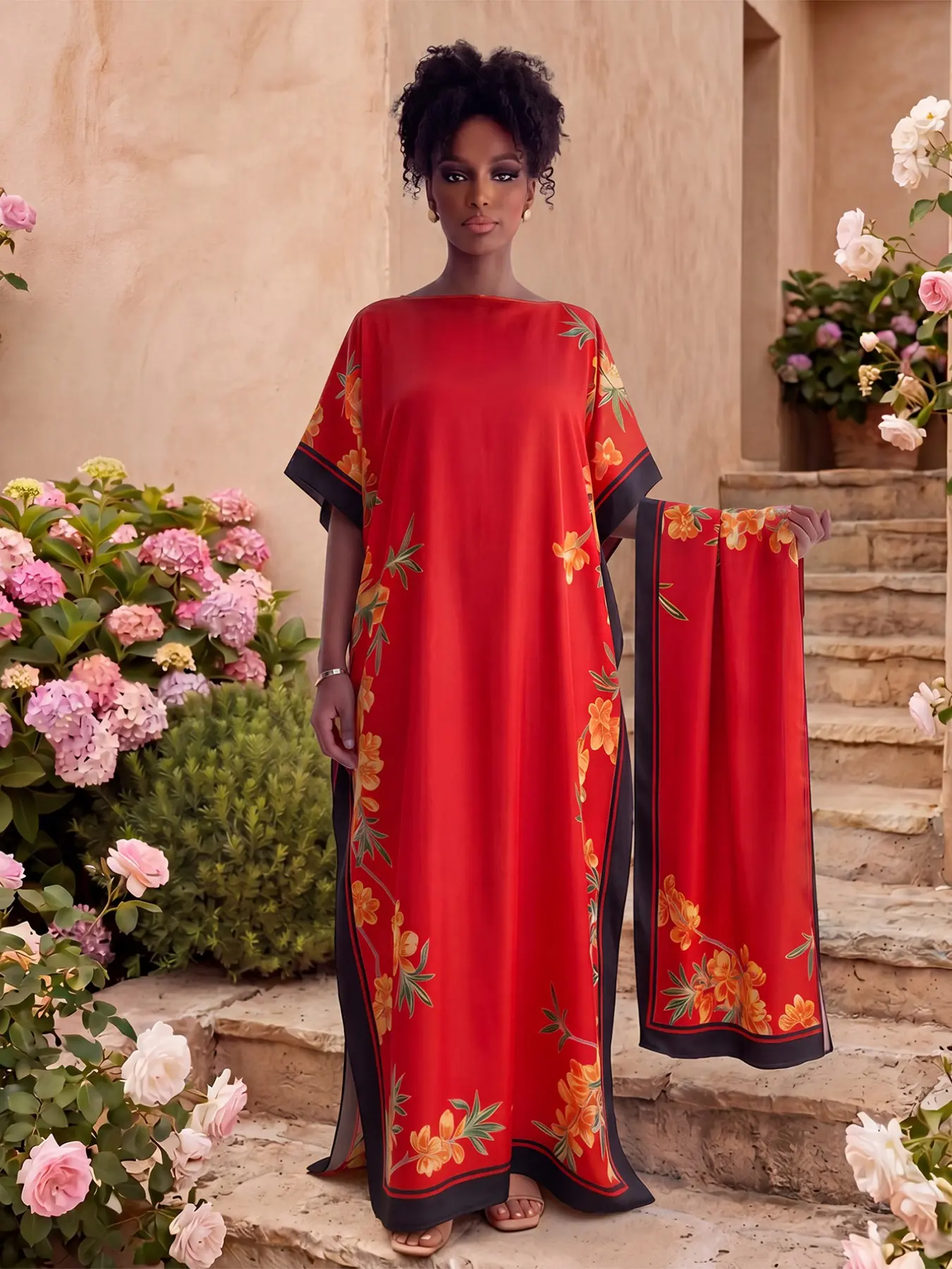 Women's Floral Print Silk Robe Set, Cape Long Dress + Headscarf, Beach Sun Protection, Casual All-Season Fashion