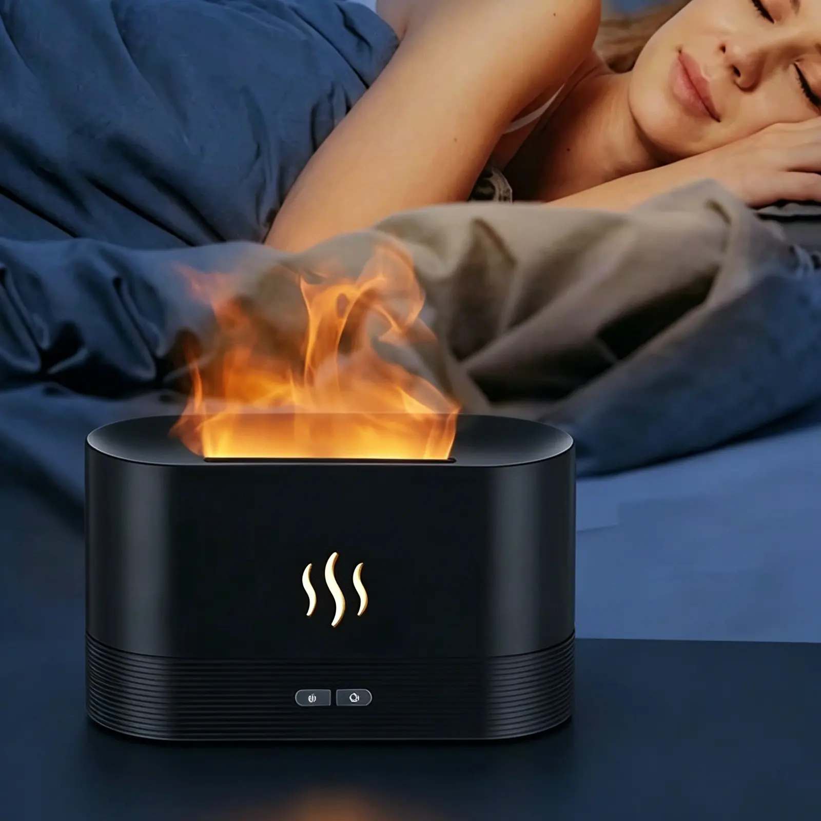 Portable Simulated Flame Aroma Diffuser, Humidifier & Night Light. 7 Color Changing Flames, Quiet USB Essential Oil Diffuser for Home, Office. Auto Shut-Off Safety. Gift for Her, Halloween Decor, Aromatherapy Humidifier.