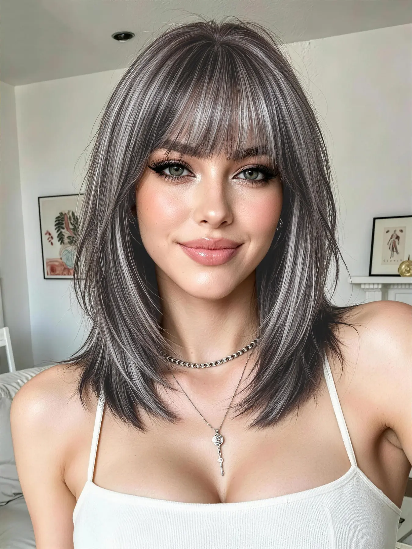 14-Inch Gradient Bangs Bob Wig, Wigs with Bangs, Natural Synthetic Hair, Heat-Resistant, Daily Wear, Halloween, Christmas, New Year Party