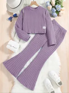 Girls' Casual Round Neck Long Sleeve Knit Top & Elastic Waist Flare Pants Set, Fashion Clothes Set, Perfect for Fall Winter Daily Wear