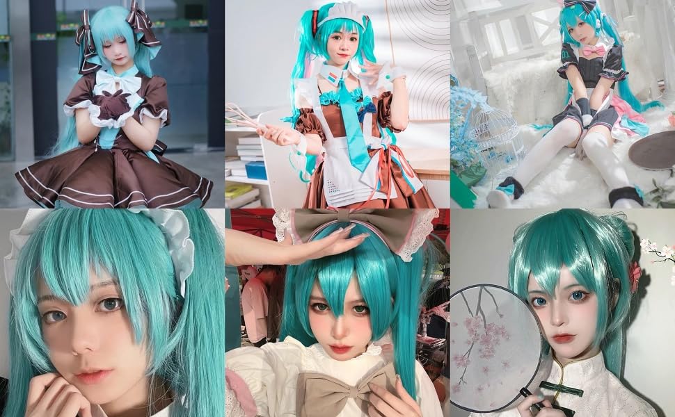 Synthetic Green Wig Cosplay Green Teal wig Double Ponytail Wig Long Green Wig With Bangs Straight wig Kawaii Wig Miku Wig