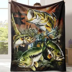 Fish Pattern Bass Fishing Flannel Throw Blanket, Soft Cozy Warm Nap Blanket for Air-Conditioned Room, Home Office Travel Camping, Fisherman Father's Day Gift for Men, kid, Adults and Children