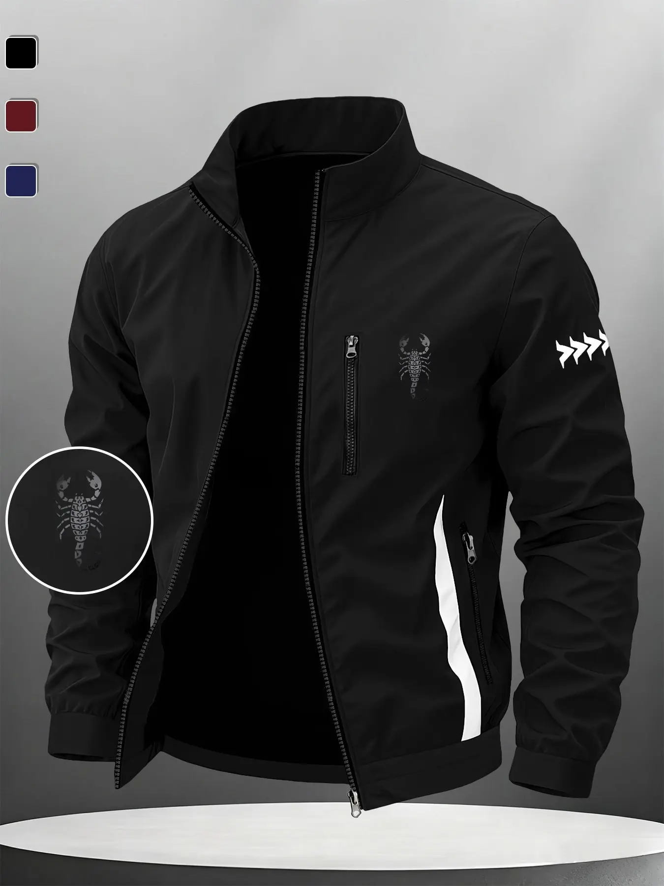 Realistic Scorpion Outline Retro Pattern Art Print Men's Patchwork Jacket, Design Zipper, Essential for Outdoor Sports