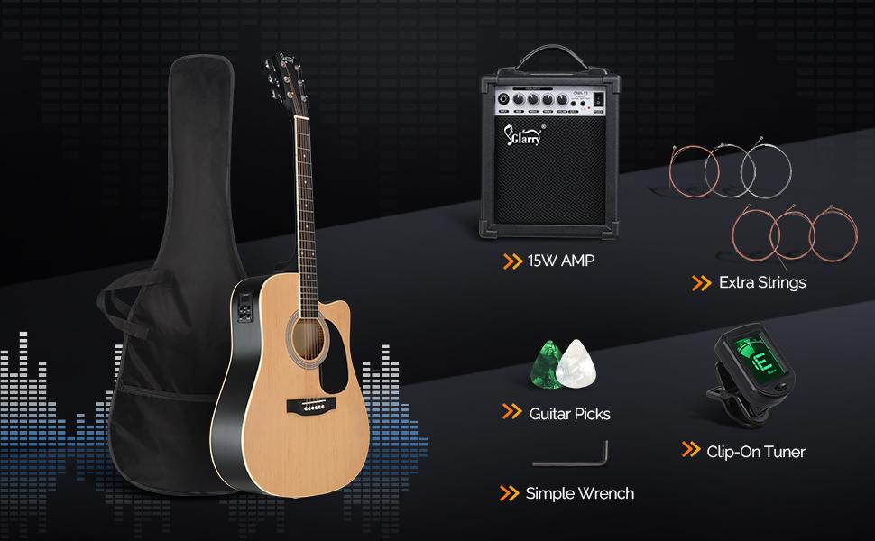 GLARRY Full Size 6 Strings Acoustic Electric Guitar Beginner Kit w/ 15W Amp, Cutaway 41 Inch Electric Acoustic Guitar w/Inbuilt Tuner, Bag, Strap, Picks, Strings, Basswood Guitarra