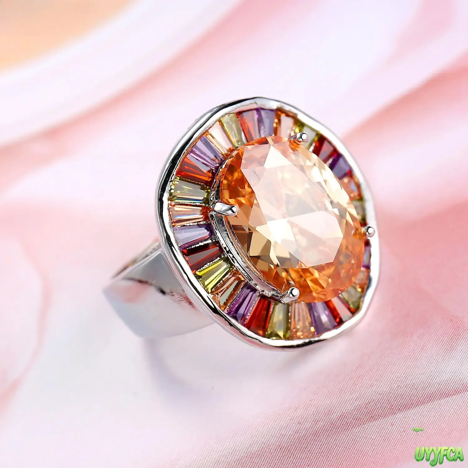 Elegant Oval Champagne Cubic Zirconia Statement Ring For Women, Rainbow Baguette Multi Color Stone Halo Cocktail Ring, Four Prong Large Center Ge, Perfect Party Gift for Women,back to school,back to school haul