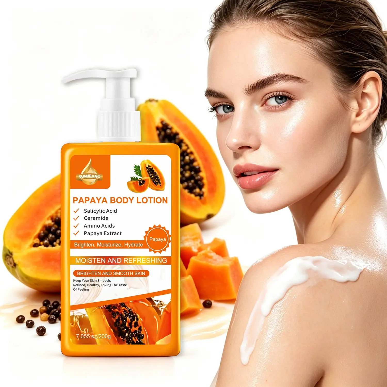 SUMIFANG Papaya Brightening Body Lotion (200g) – Papaya + Salicylic Acid + Amino Acids – Brightens overall skin tone, smooths rough areas, firms and lifts the skin; lightweight, non-sticky formula.