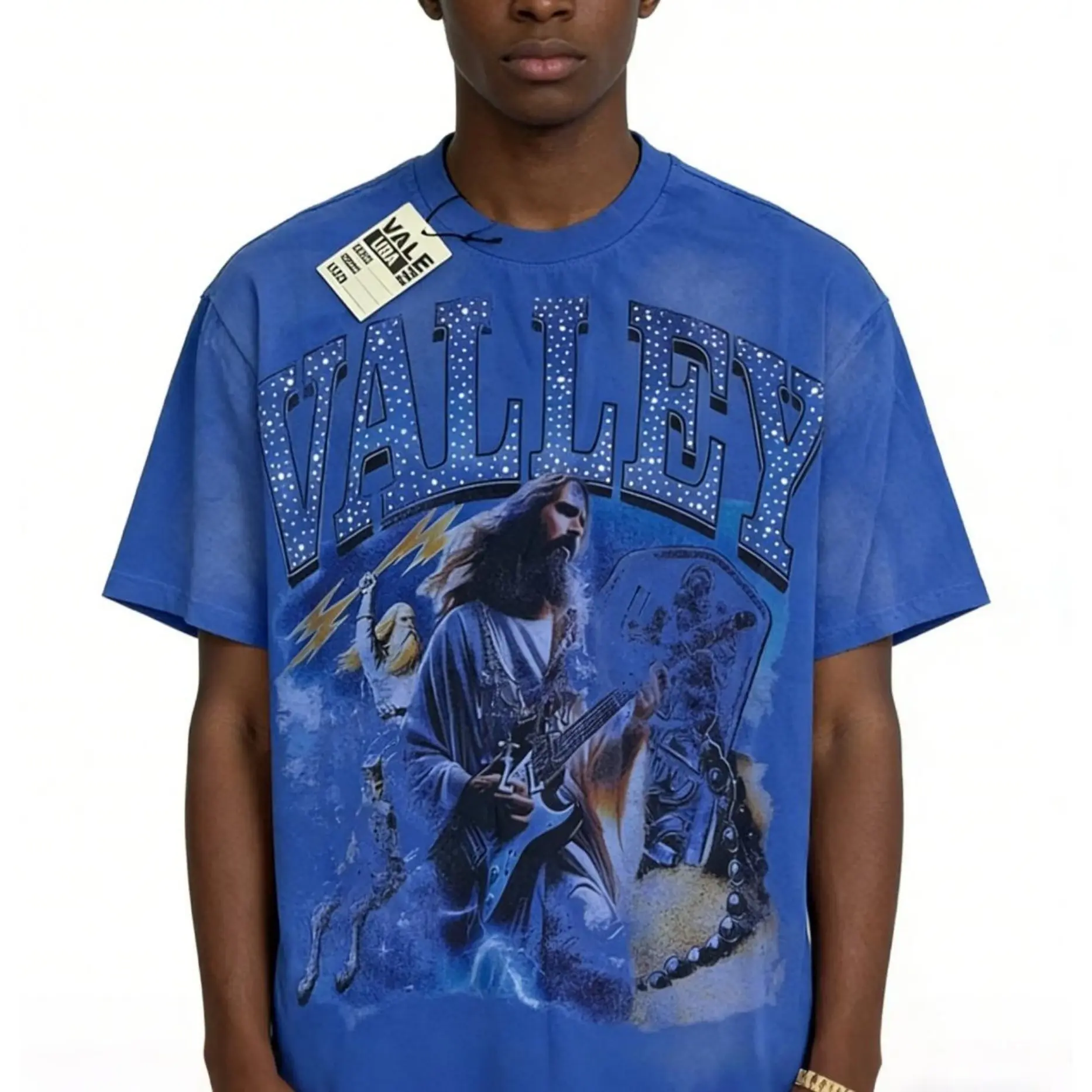 VALLEY Oversized Hot Drill Rhinestone Letter T-Shirt, Vintage Blue Short Sleeve Cotton Tee, Men's Streetwear Bling Graphic Summer Outfit, pump covers gym for Father's Day