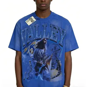 VALLEY Oversized Hot Drill Rhinestone Letter T-Shirt, Vintage Blue Short Sleeve Cotton Tee, Men's Streetwear Bling Graphic Summer Outfit, pump covers gym for Father's Day