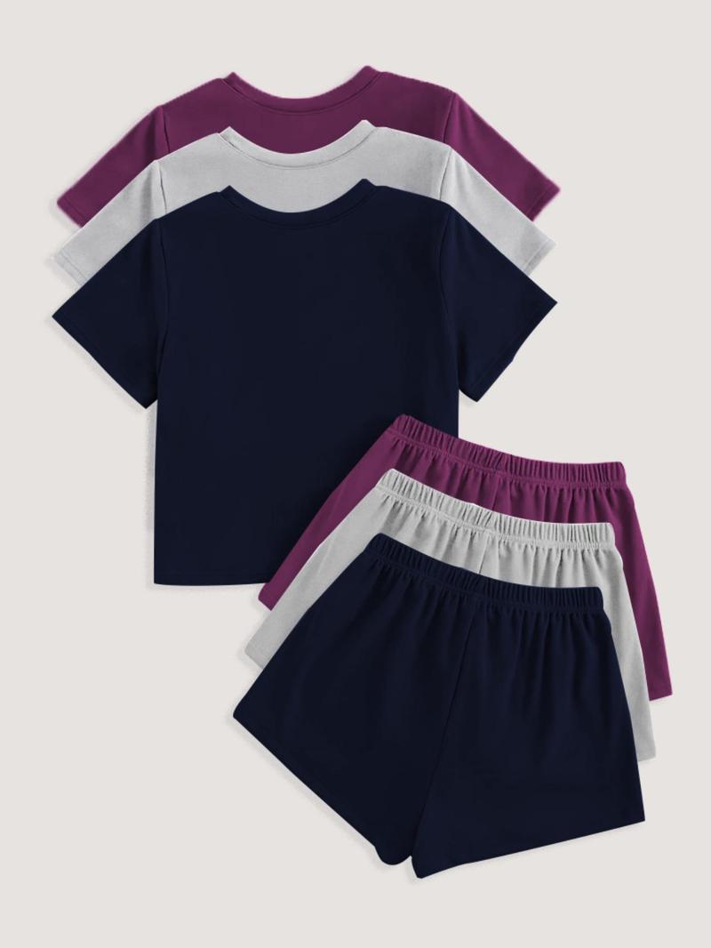 Women's Solid Color Tee & Shorts Loungewear Set, Casual Comfy Round Neck Short Sleeve T-Shirt & Elastic Waist Shorts PJ Set, Ladies Sleepwear for Summer, Pajama