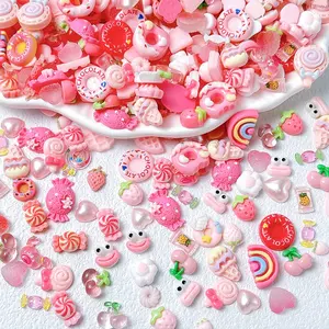 Kawaii Pink Dessert Resin Charms, Cute Fake Food Mini Pieces for Manicure & Handmade Craft DIY，Resin Stickers for Girls' Sweet Treats, Donut Rainbow Strawberry Food Play Accessories, DIY Cream Glue Phone Case Nail Art Materials