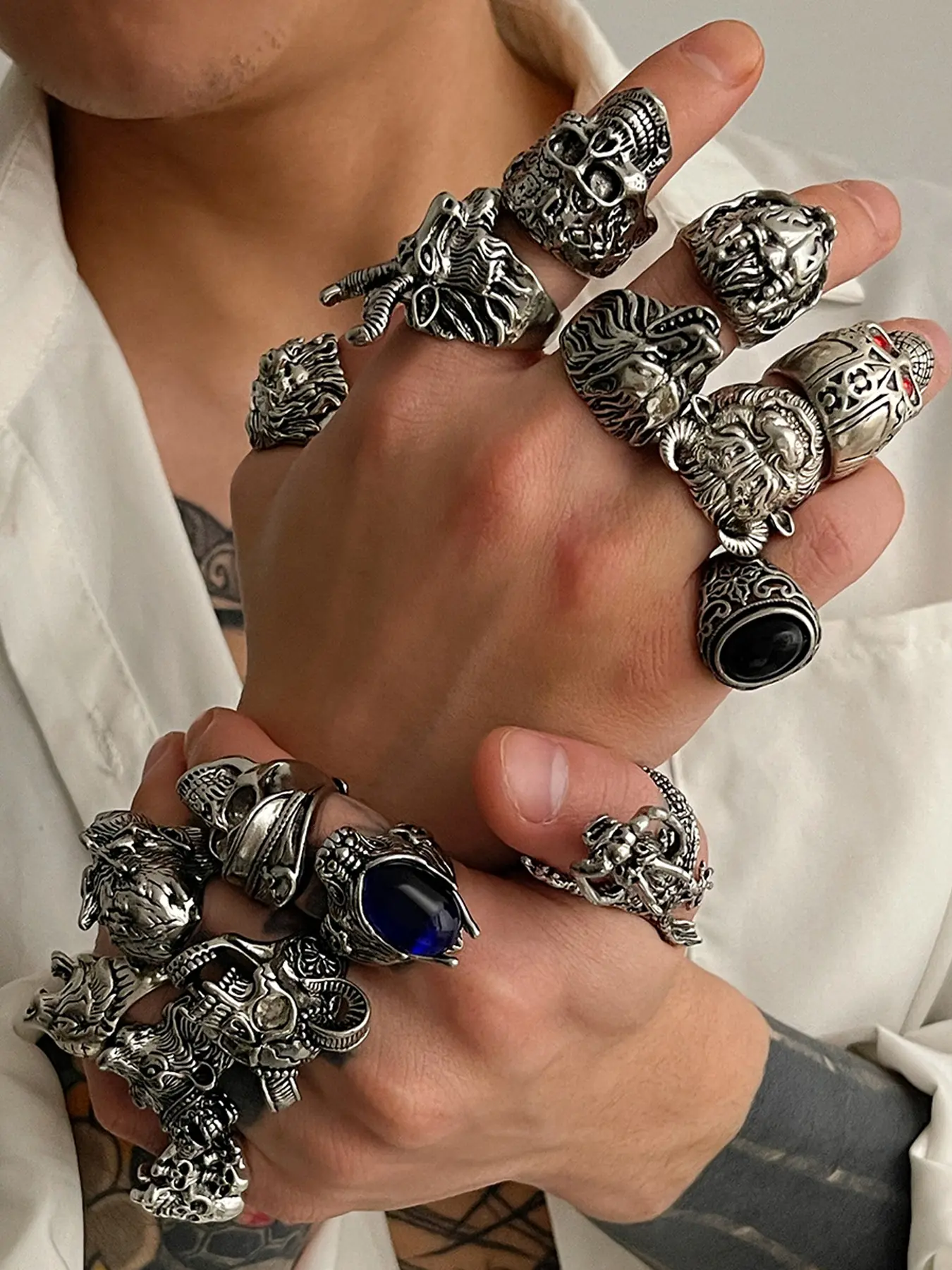 16-Piece Punk Style Silver Color Skull Ring Set, Vintage Gothic Jewelry, Lion Head, Tiger Head, Dragon Design Rings for All Seasons