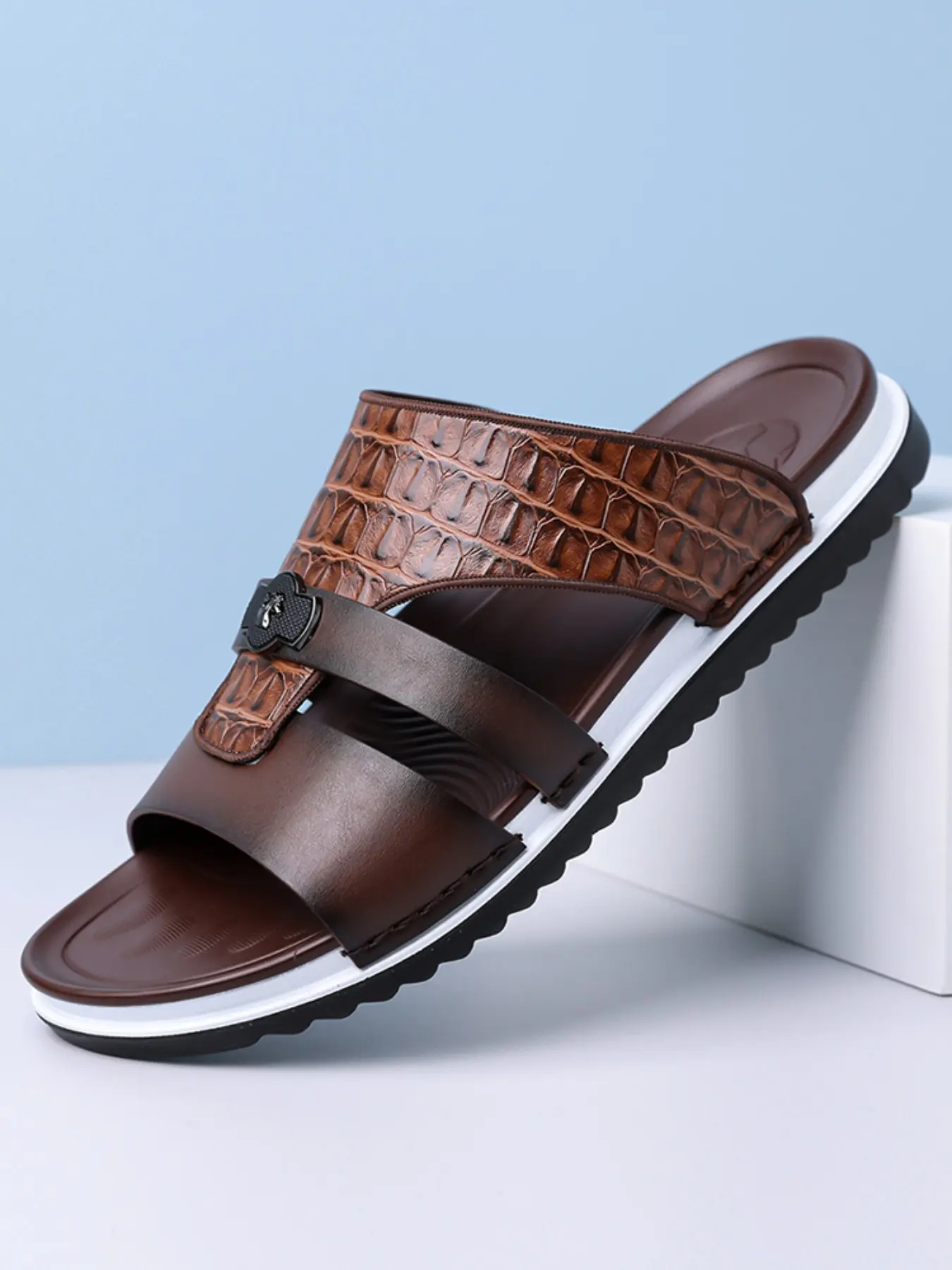 New Men's Outdoor Casual Pu Rubber Sandals, Summer Footwear, Slip-Resistant Layered Sole, Soft Durable Upper, Breathable Comfort, Shock Absorption, Beach & Daily Use