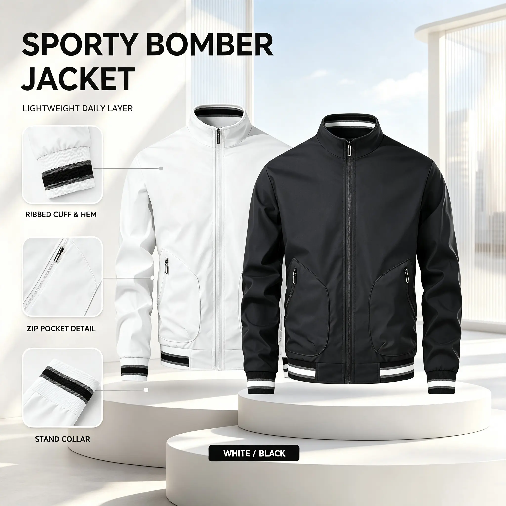 Classic Striped Trim Bomber Coat Men Dual Zip Pockets Solid Color Street Daily Wind Jacket