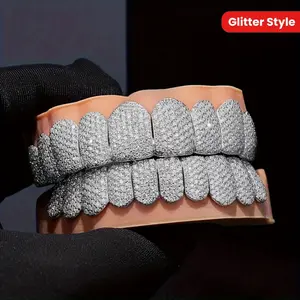 Plated Plated Iced Out Hip Hop Grills - Micro Pave CZ Stones Teeth Caps for Men & Women, Sparkling Blingbling Party Music Festival Jewelry Gift for Halloween St. Patrick's Day Carnival, Holiday Teeth Caps, Luxurious Grill Design