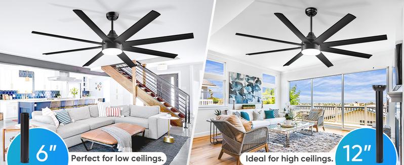 Large Ceiling Fans with Lights and Remote/APP Control, Indoor Outdoor Black Ceiling Fan for Kitchen, Living Room, Patio, 6 Speeds Reversible Quiet DC Motor, 8 Blades