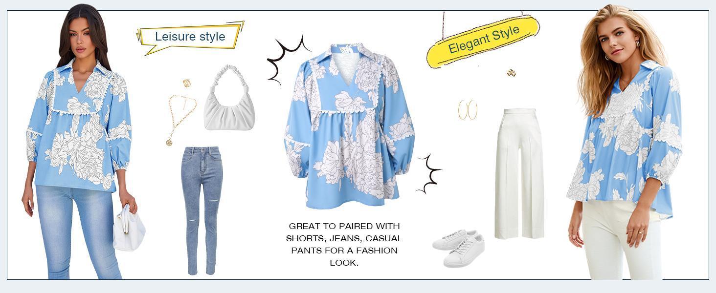 Imily Bela Womens Floral Peplum Babydoll Tops 3/4 Puff Sleeve Pleated Blouse Cute Casual V Neck Loose Fit Flowy Boho Shirts