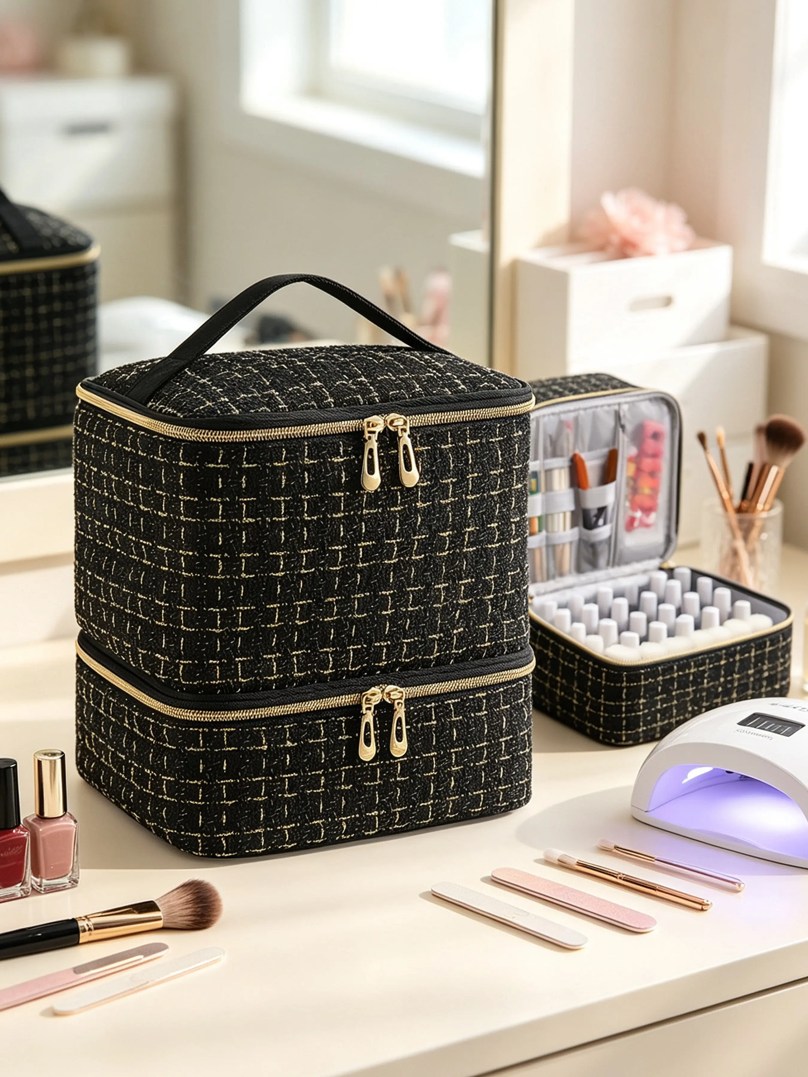 Nail Polish Organizer and Nail Lamp Case, Nail Kit Organizer Holds 30 Bottles (15ml - 0.5 fl.oz) and a Nail Lamp, Nail Polish Carrying Case with Manicure Tools Storage Sections, Large Capacity Handbag with Nail Polish Compartment（bag only）