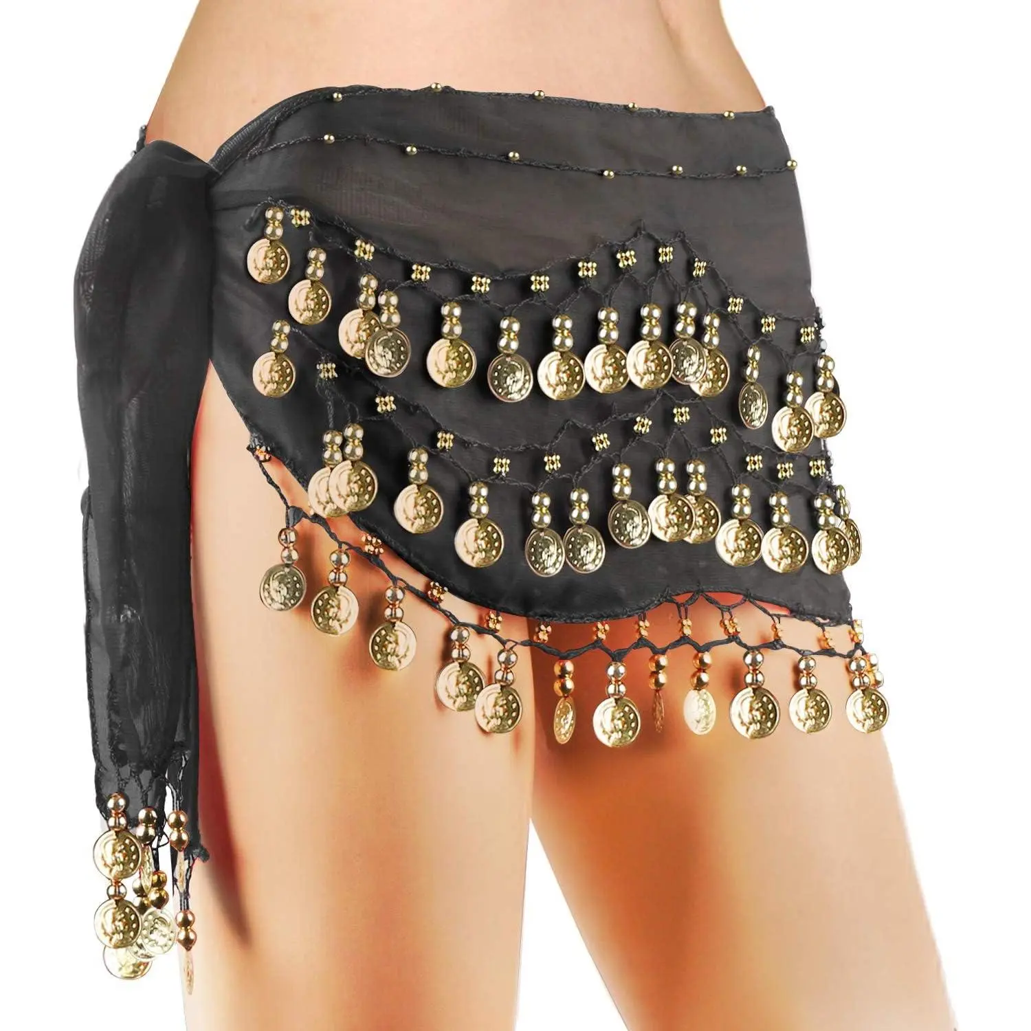 Belly Dance Hip Scarf, Women's Chiffon Belly Dancing Scarf with 128 Coins for Yoga Class