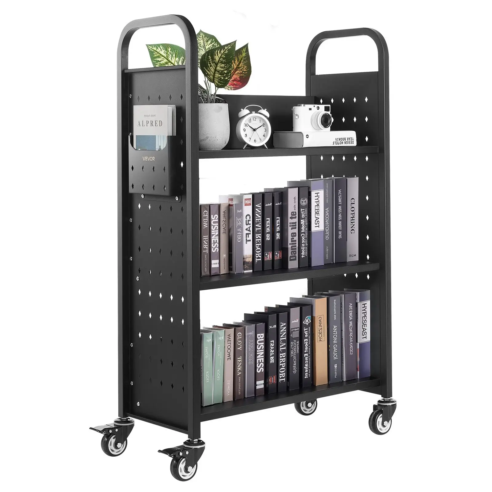 VEVOR Rolling Library Book Cart, 330 lbs Capacity, 30.3x 15x 48.0-Inch Library Cart, Single Sided L-Shaped Shelves with 3-Inch Lockable Wheels, Book Truck for Home Shelves Office and School, Black