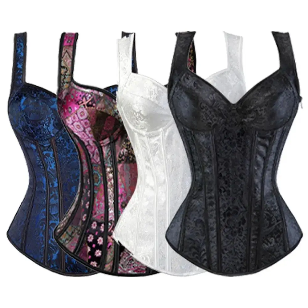 With Cup Top Vintage Steampunk Corset With Straps Overbust Zipper Side Straps Overbust Corset Waist Trainer Bustier Plus Size