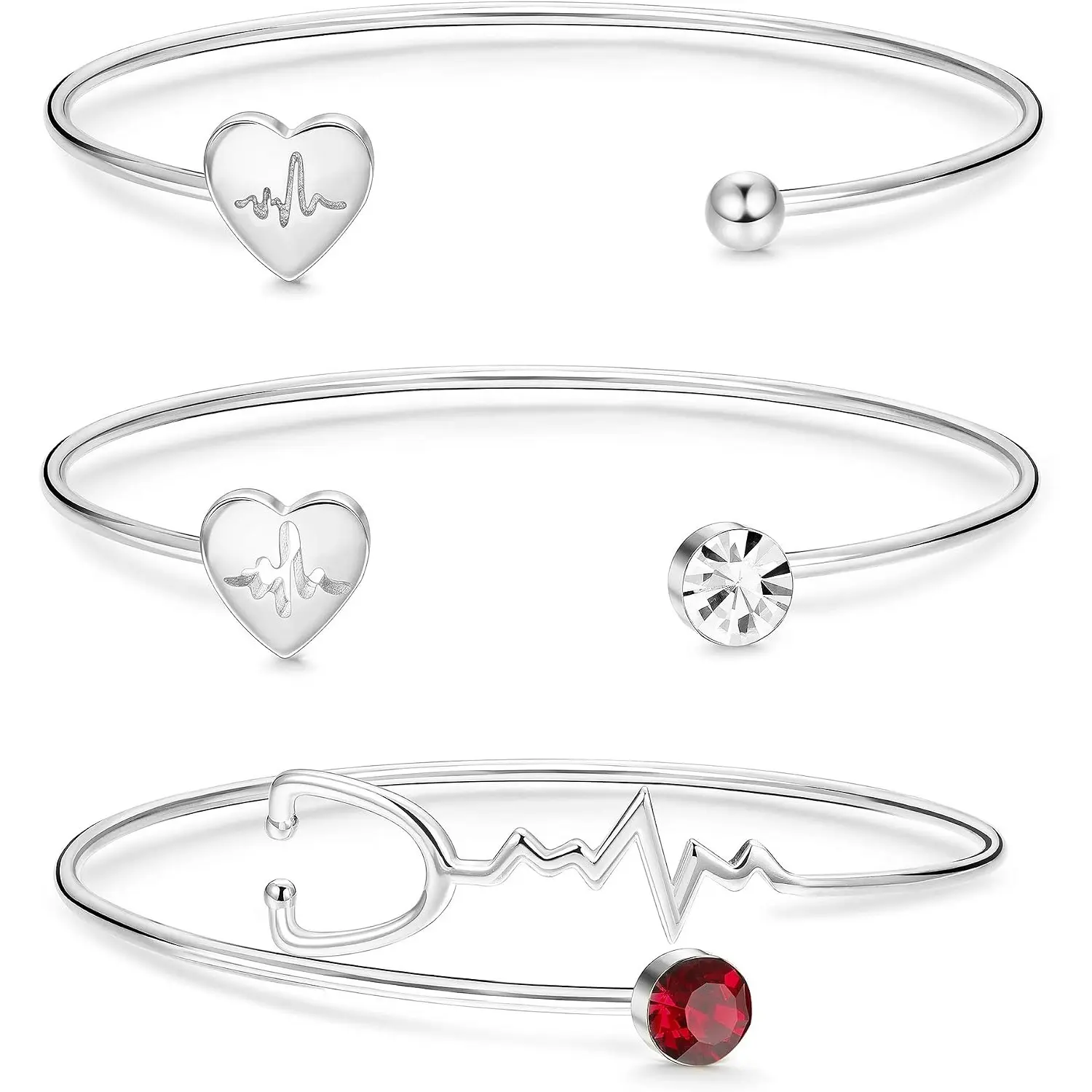 3 Pcs Heartbeat Cuff Bracelet Set for Women Nurse Gift, Stainless Steel Engraved EKG Pulse Bangle Dainty Appreciation Jewelry for Nursing Student Girls