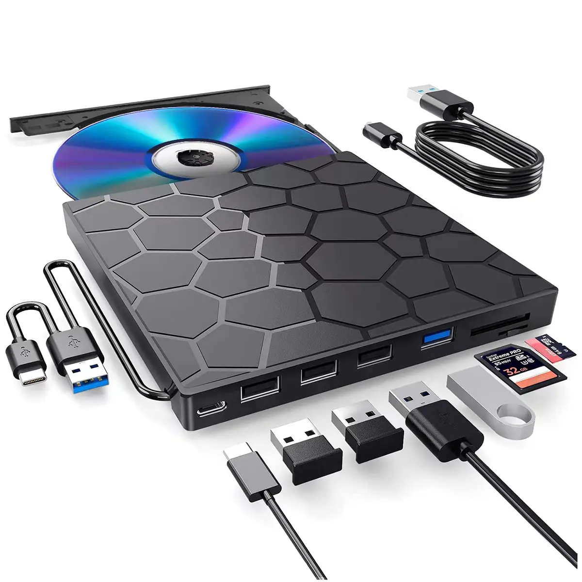Portable External CD/DVD Drive for Laptops, Ultra-Thin Portable DVD Player, 8-In-1 USB 3.0 Type-C, Compatible with Windows/linux/macos