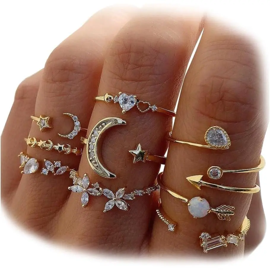 Gold Stackable Moon Star Knuckle Rings Set for Women, Boho Dainty Lightweight Stacking Rings, Vintage Midi Rings Pack, Trendy Jewelry