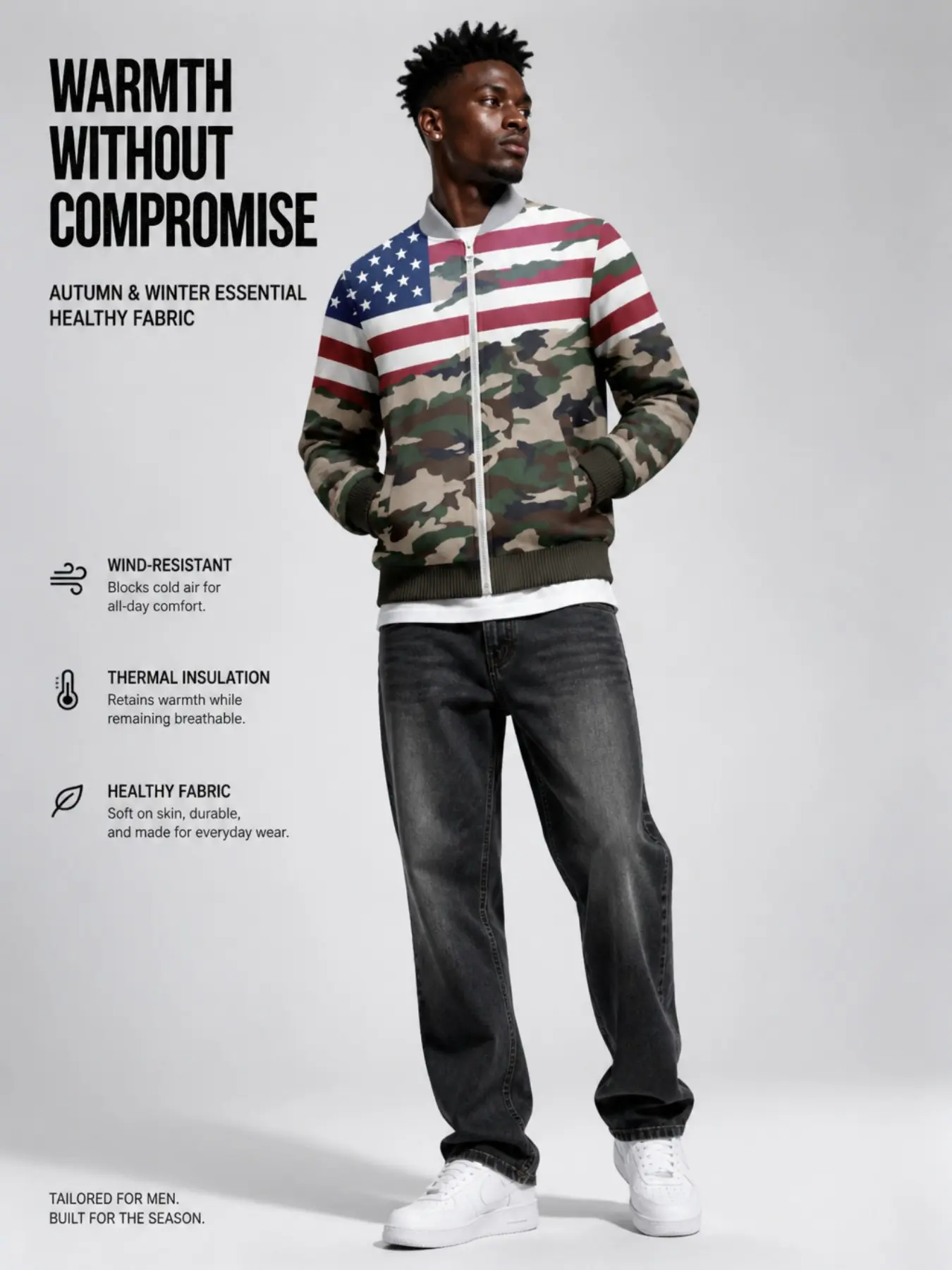 Men's Starry Camo Full Zip Bomber Jacket, Vintage Forest Camo Baseball Collar Windproof Jacket, Tactical Streetwear Fall Winter Coat
