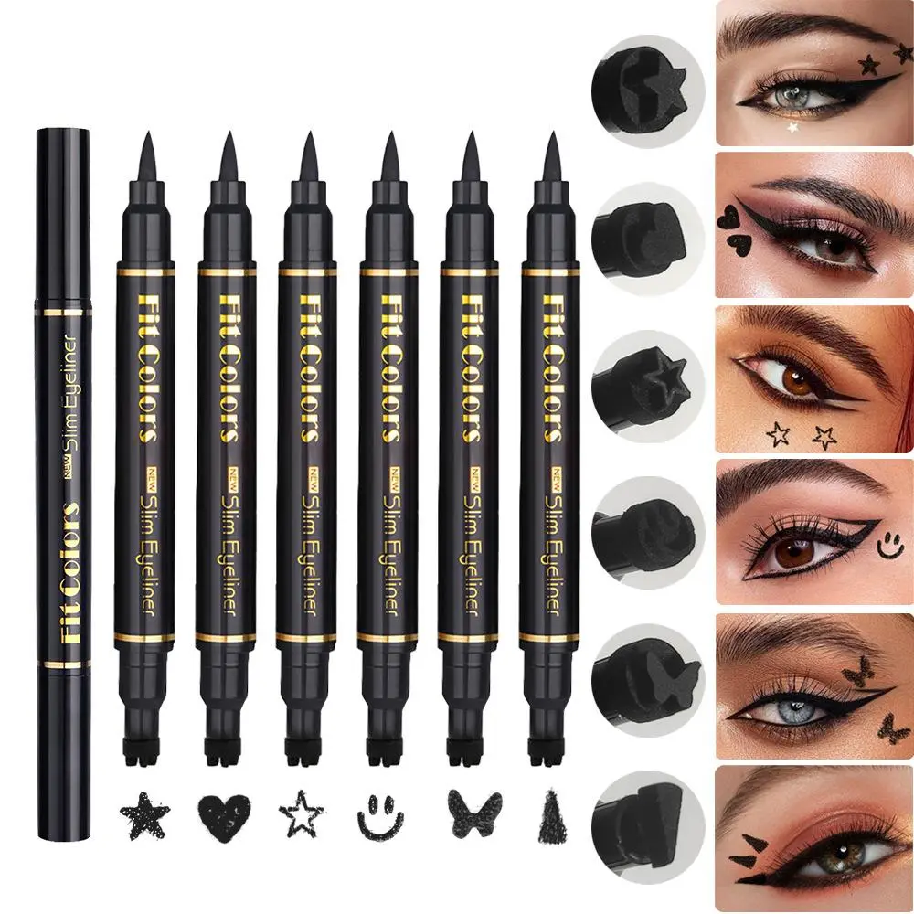 6-Piece Dual-Ended Eyeliner Pen Set, Graphic Eyeliner Kits, Waterproof Quick-Dry Liquid Eyeliner, Creative Heart Star Smile Butterfly Design, Perfect for Daily Party Halloween Makeup, Stamp