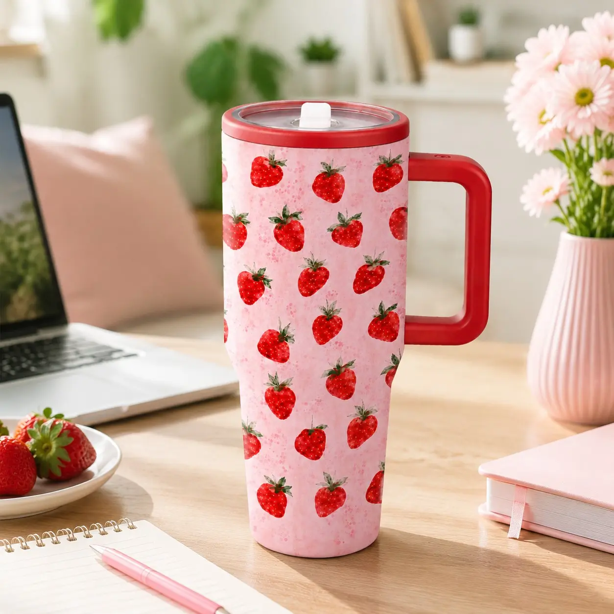 1PC 40oz Strawberry Insulated Travel Mug, Tumbler with Cute Fruit Pattern, Girl Style Stainless Steel Water Bottle, with Handle and Straw, Large Capacity Vacuum Coffee Cup, Leak-Proof for Girls Students Office Outdoor, Ideal Gift for Birthdays