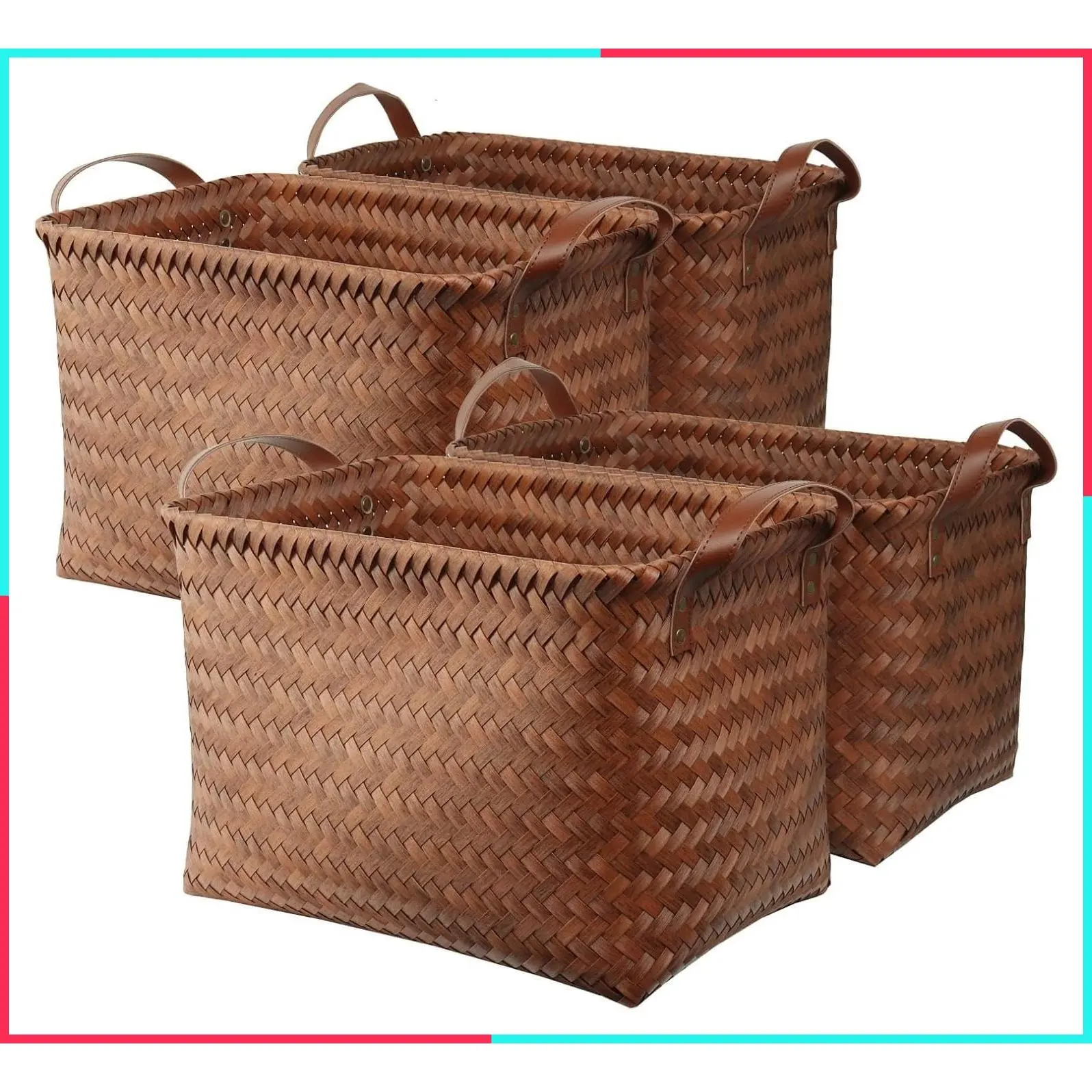 Large Handwoven Wicker Laundry Hamper Basket Set of 4 - Clothes Storage Baskets for Blankets, Shelves, Closet, Bedroom, Bathroom, Car Organization, Brown